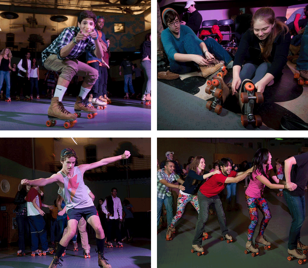 4 photo collage of college students having fun roller skating at a portable roller rink event